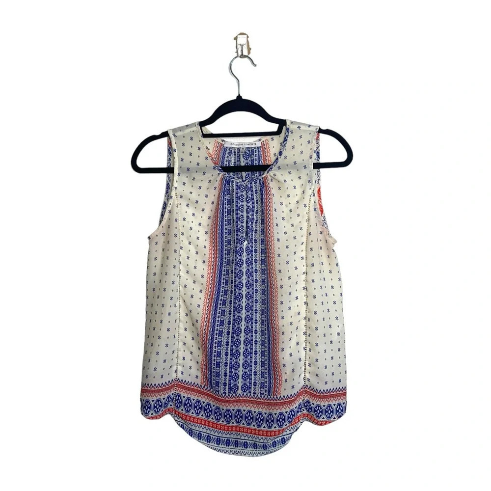 Collective Concepts White Blue Red Boho Printed Keyhole Tank Top Medium Women’s